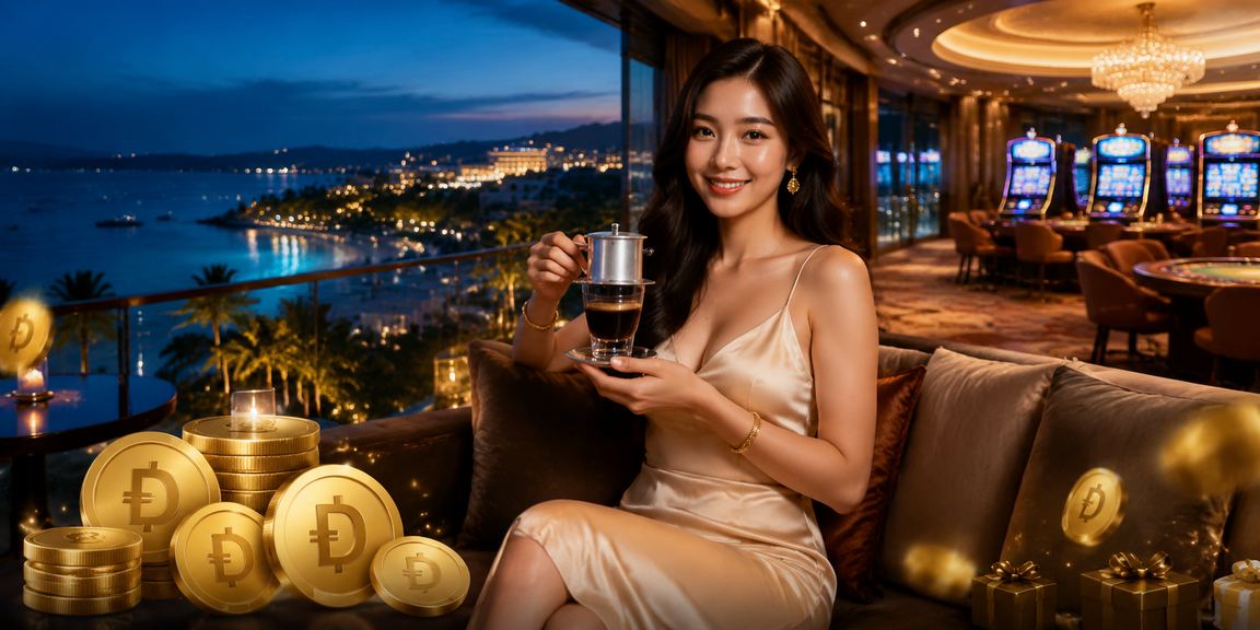 Không gian cà phê tại Phú Quốc với người dùng kiểm tra thông tin thanh toán